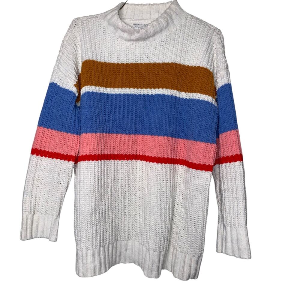 Arizona Jean Co Sweater Womens XS Striped Cowl Neck Knit Blue Pink Brown
